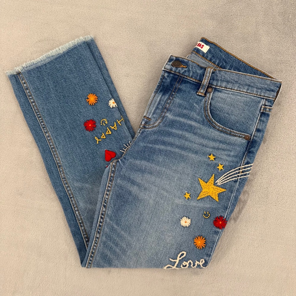 Johnny Was Embroidered Straight Leg Jeans Womens 25 Light Wash Rainbow Stars